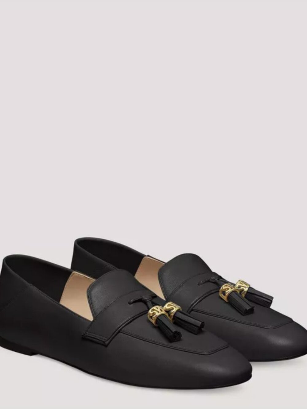 Stuart Weitzman Wylie Black Leather Tassel Loafers Gold SW Logo Flats